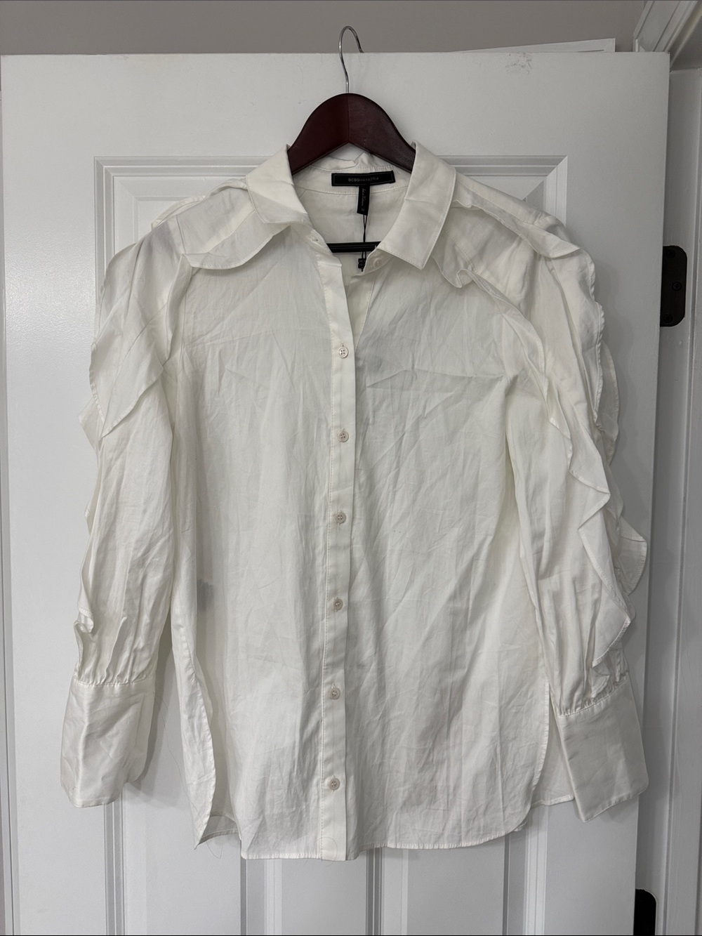 BCBGMaxAzria White Ruffle-Trim Button Down Blouse